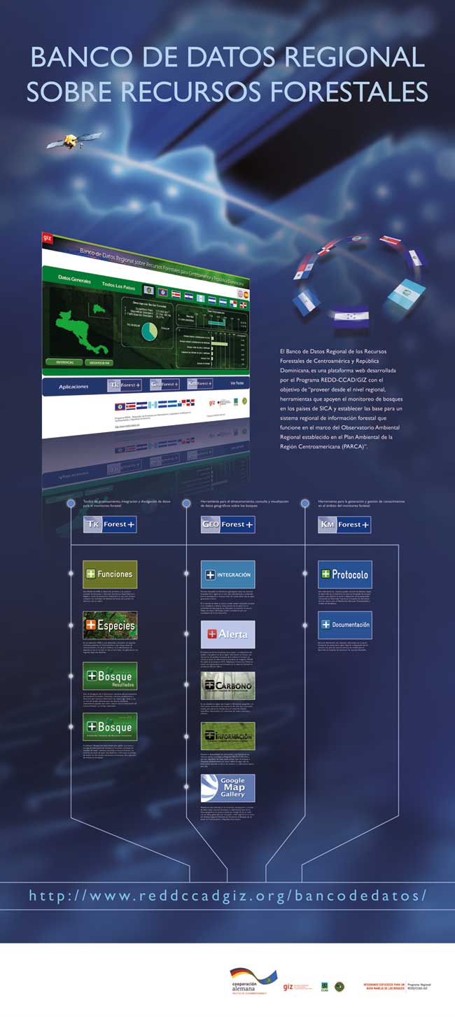 Afiche Banco de datos regional sobre recursos forestales, muestra la página donde se mantienen los softwares que manejan los datos.