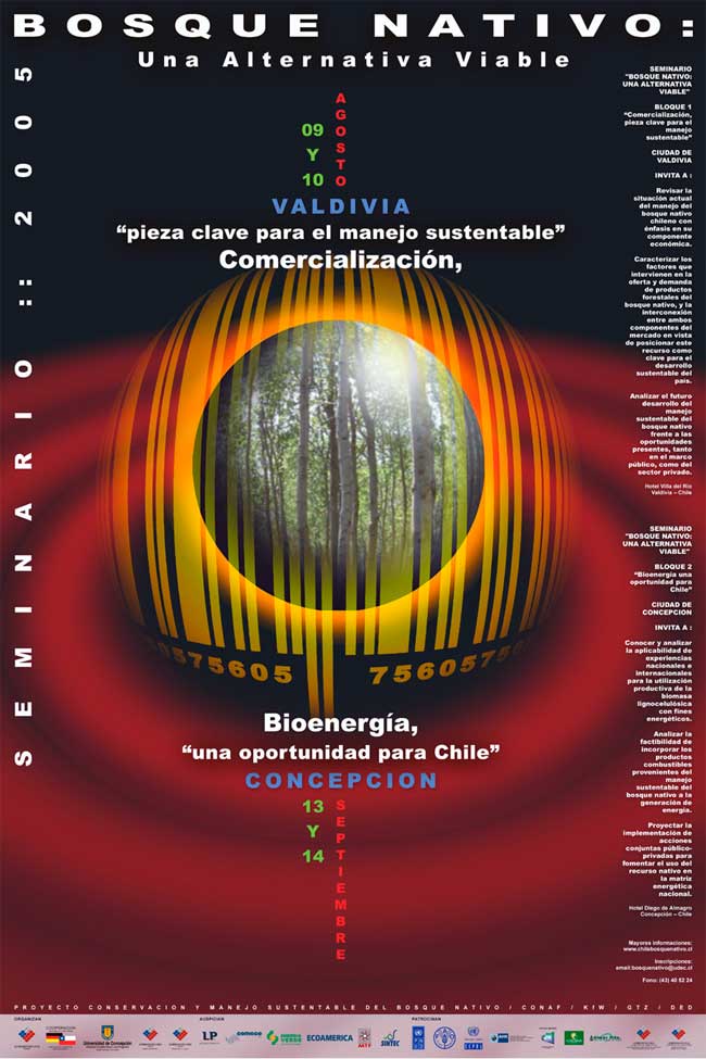 Afiche promocionando el seminario, muestra una imagen de bosque fundida a un código de barras.