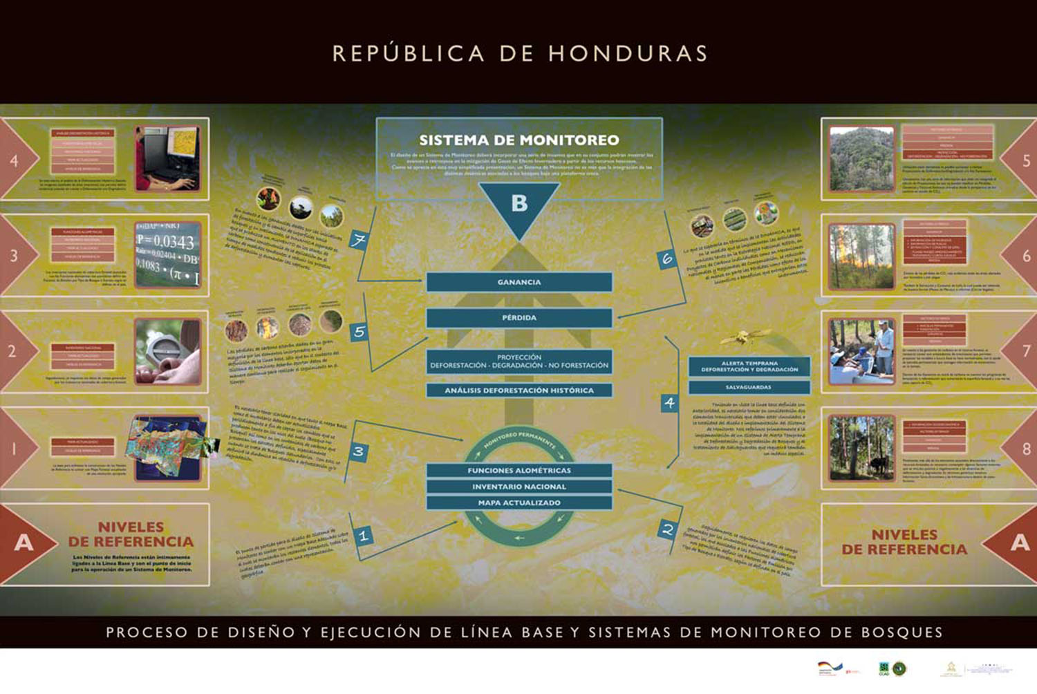 Afiche Proceso de diseño y ejecución de línea base y sistemas de monitoreo de bosques, muestra el proceso en 7 etapas.