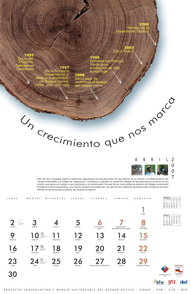 Imagen de Abril del calendario, se muestra una rodela de un tronco con las vetas y un texto alusivo.