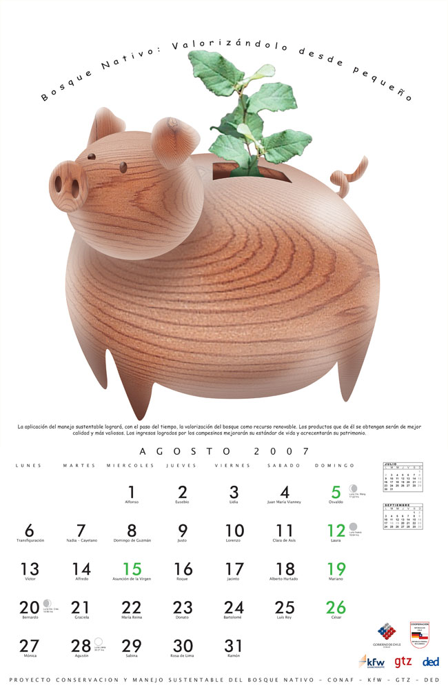 Imagen de Agosto del calendario, muestra una alcancía con un brote saliendo de ella.