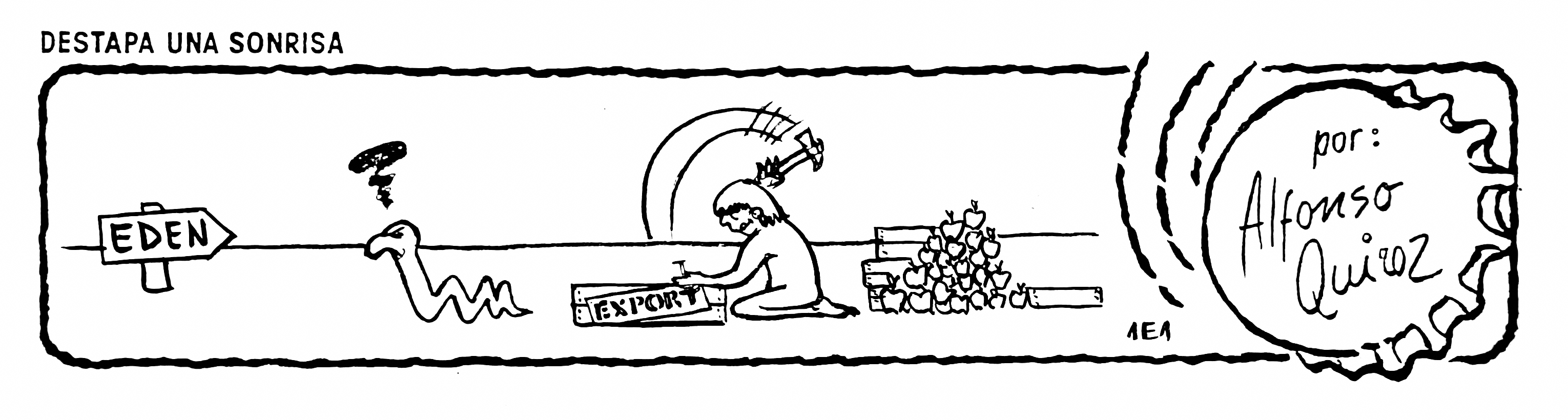 Viñeta cómica sobre Adán exportando manzanas del paraíso