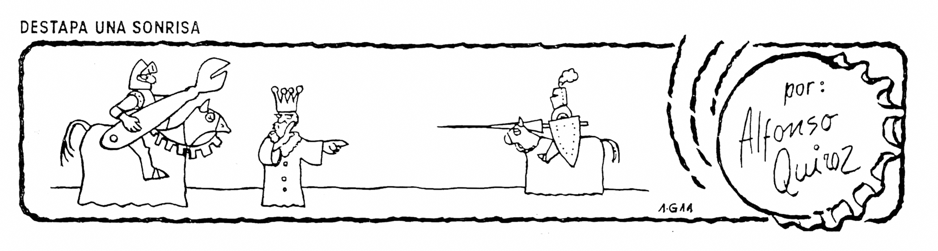 Viñeta cómica sobre un caballero medieval que usa un abrelatas gigante en vez de arma