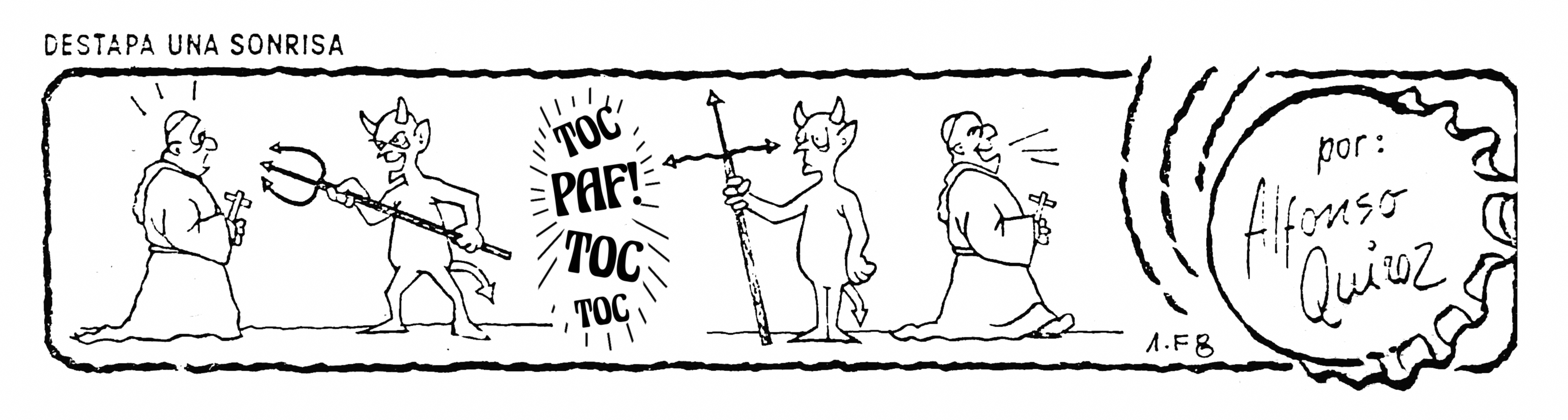 Viñeta cómica sobre un fraile un diablito