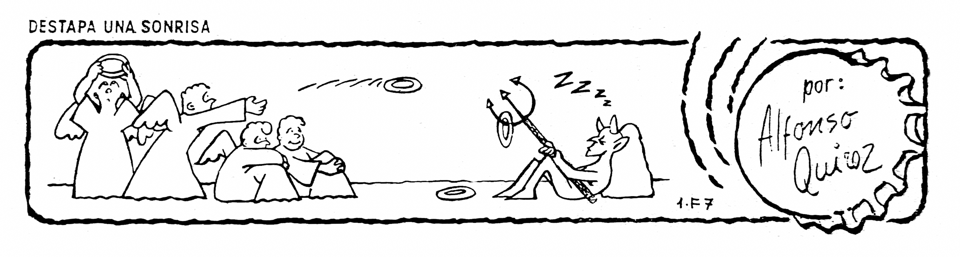 Viñeta cómica sobre unos angelitos y un diablito durmiendo
